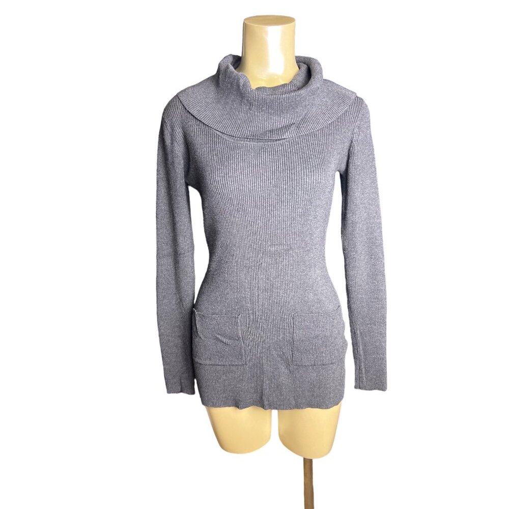 New York company small grey ribbed knit long sleeve sweater cowl neck f765 busin